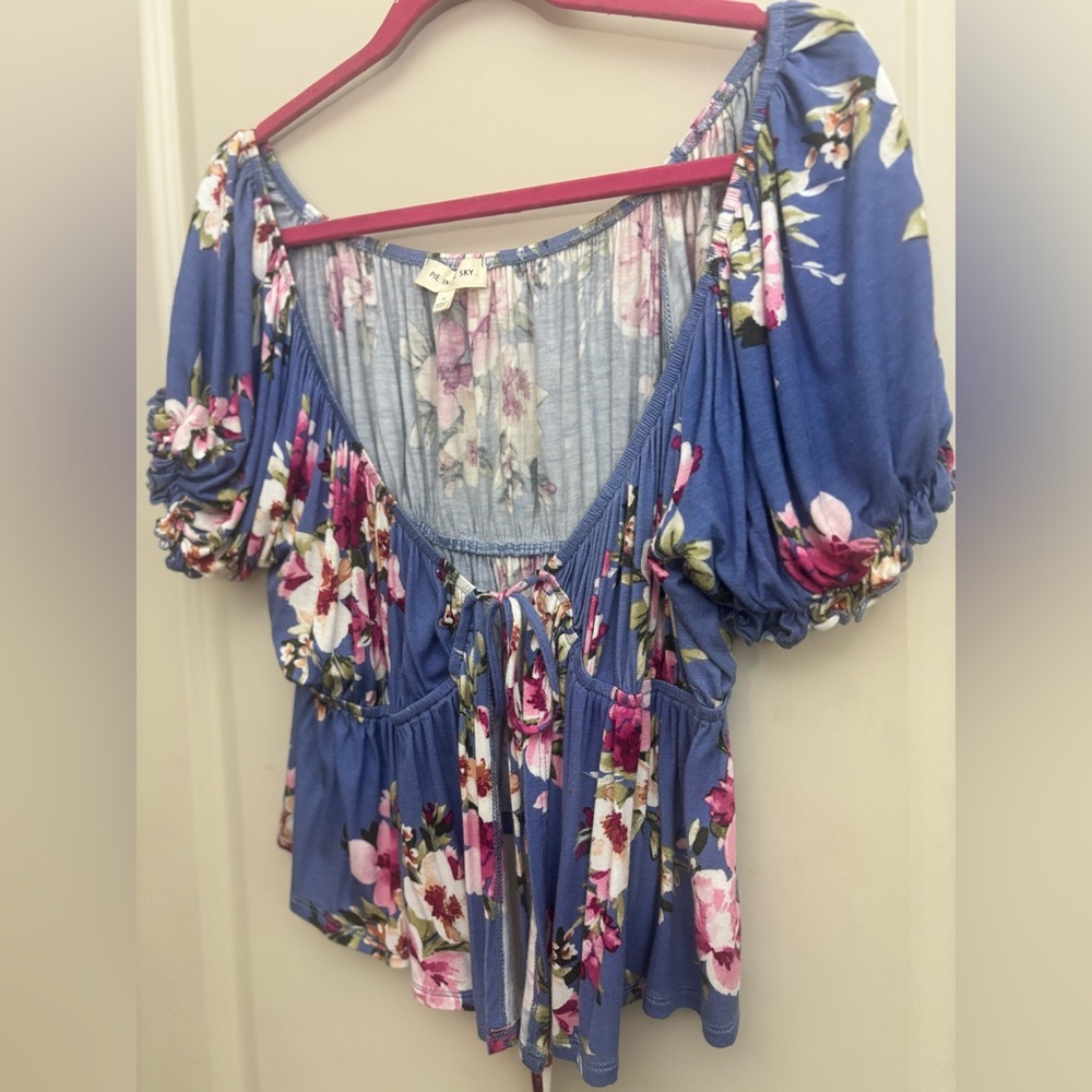 Blue Ruched Ruffled Blouse with Short Sleeves - Picture 9 of 10